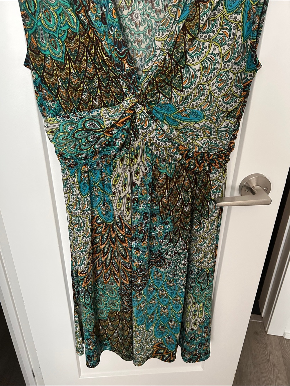 Tropical Teal and Brown Paisley Twist-Front Midi Dress weekend evening or beach - Picture 5 of 12